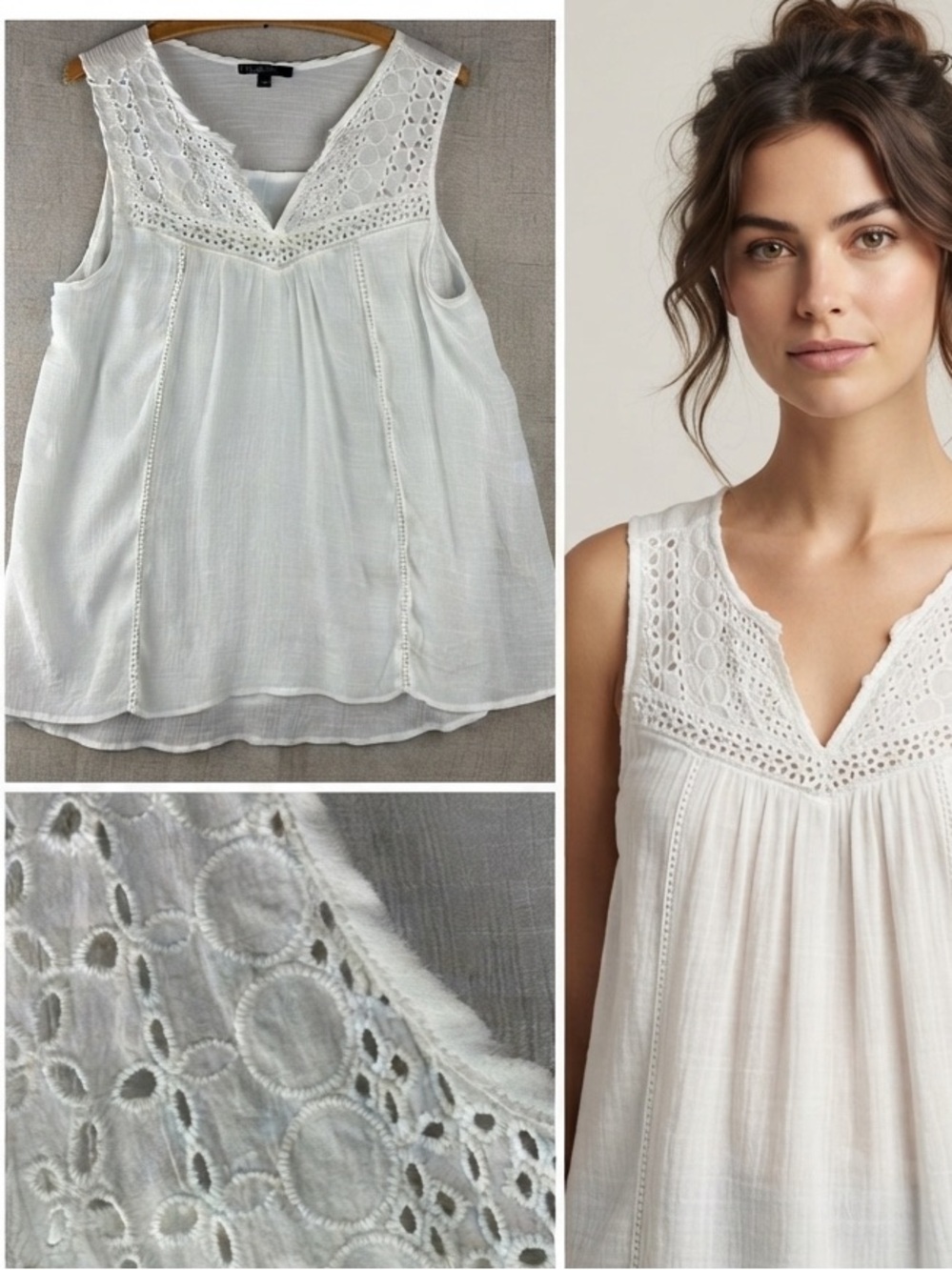 Boho White Gauze Sleeveless Tank L Embroidered Eyelet Lace Lined Peasant Blouse
